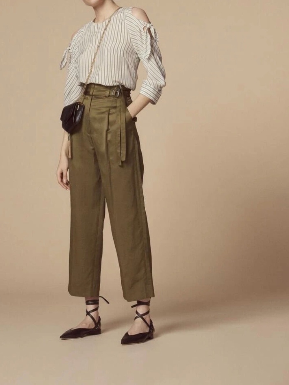 High-Rise Wide Leg Pants with Paperbag Waist in Olive
